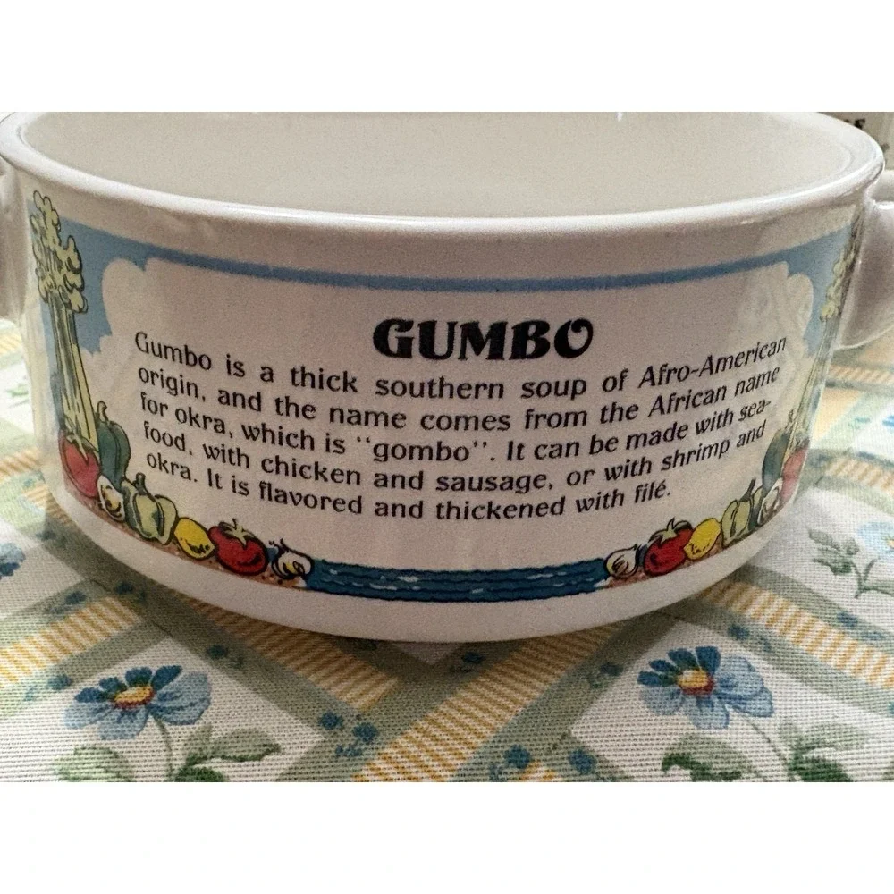 Shrimp Creole, Crab Bisque, Crawfish Étouffée, Gumbo 4 Two Handle Bowls 1990